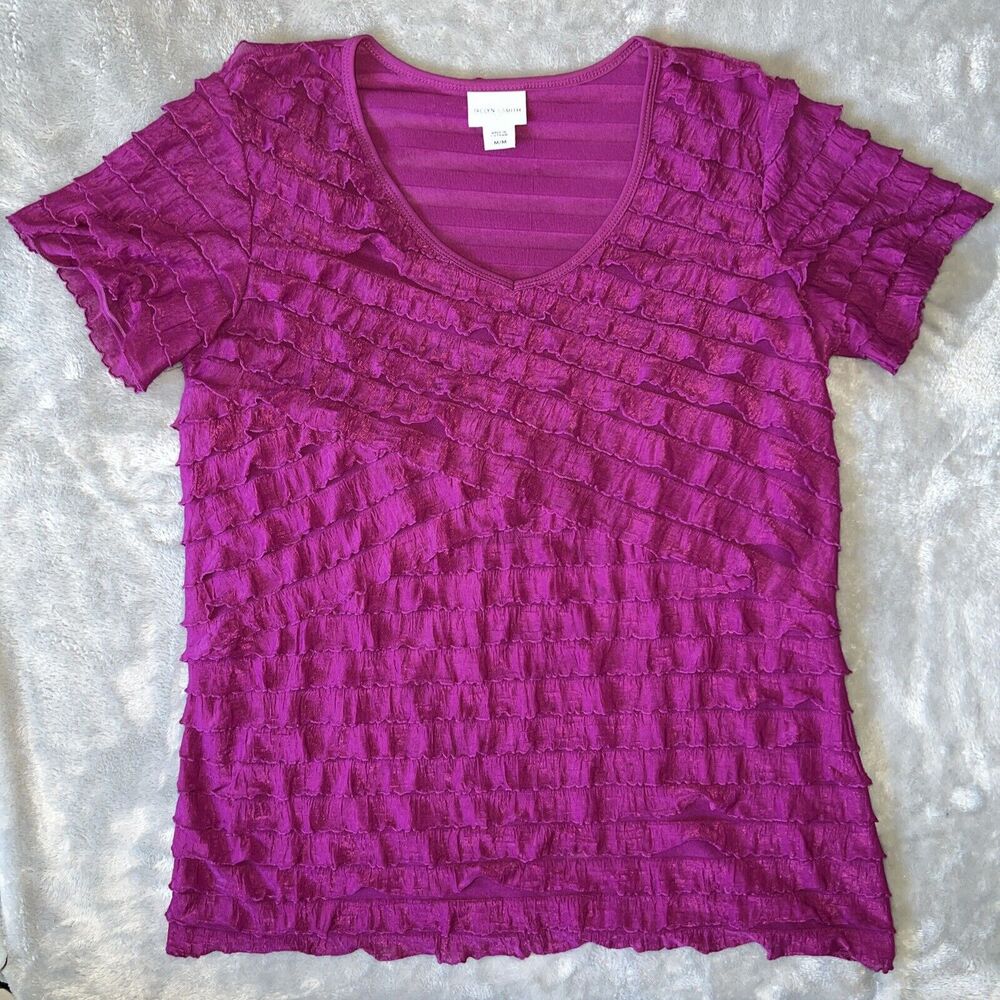 Jaclyn Smith Womens Med Purple Ruffle Top V-Neck Stretch